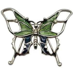 Blue Green Enamel Butterfly Brooch Silver Tone Insect Pin Vintage 90s Jewelry
